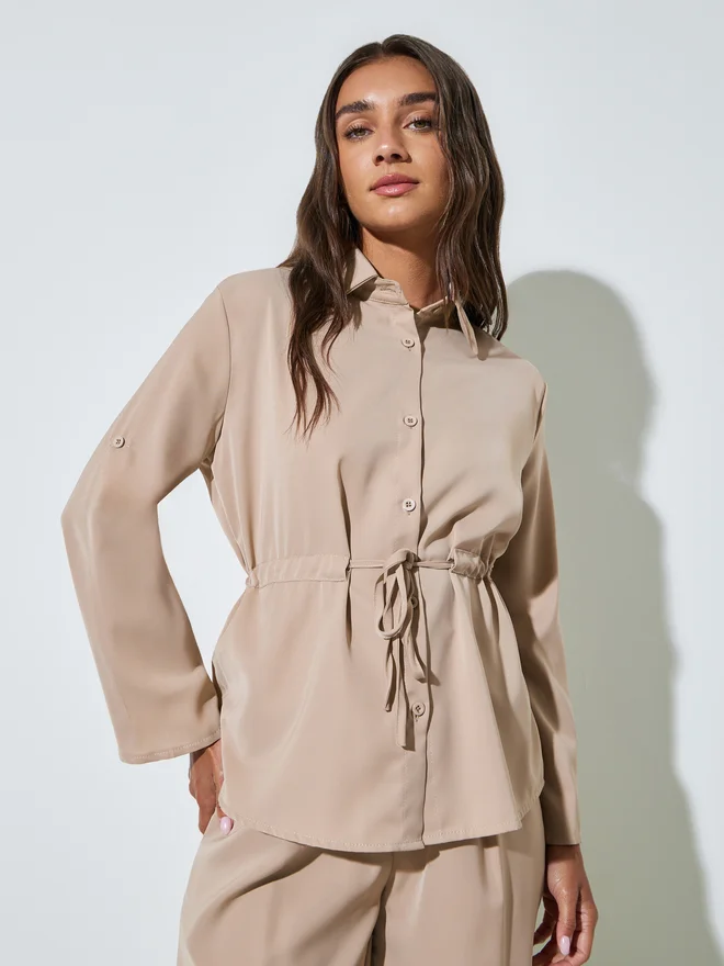 Styli Styli Beige Drawstring Waist Shirt and Wide Leg Pants Set