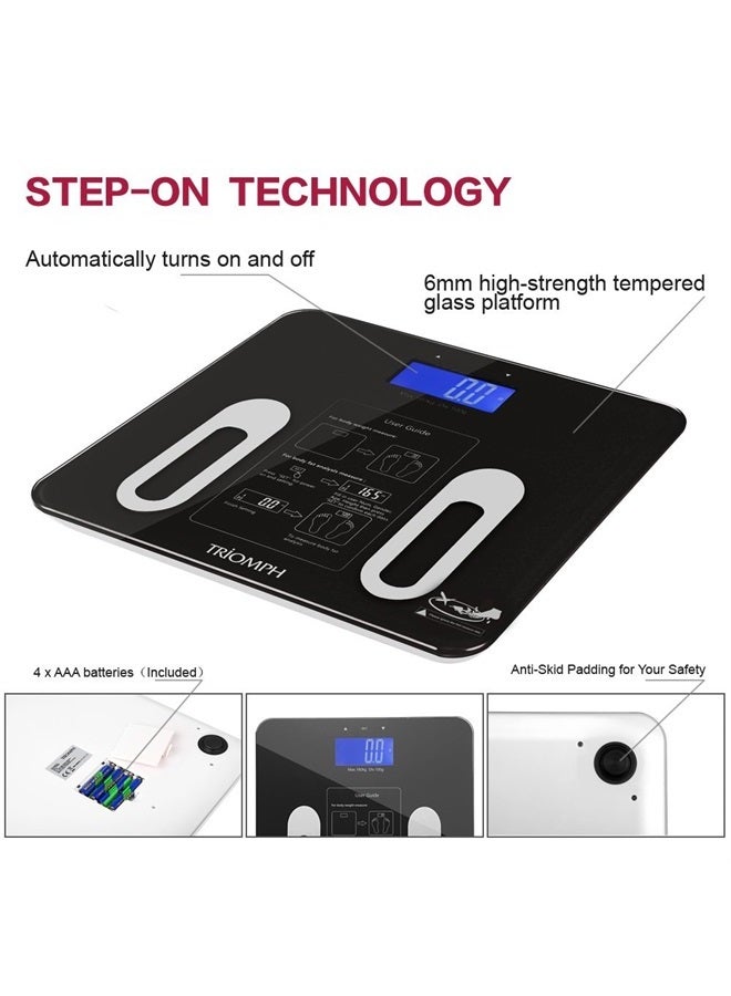 Triomph Precision Body Fat Scale with Backlit LCD Digital Bathroom Scale For Body Weight, Body Fat,Water,Muscle,BMI,Bone Mass and Calorie,10 User Recognition 400 lbs Capacity,Fat Loss Monitor,Black - Image 3
