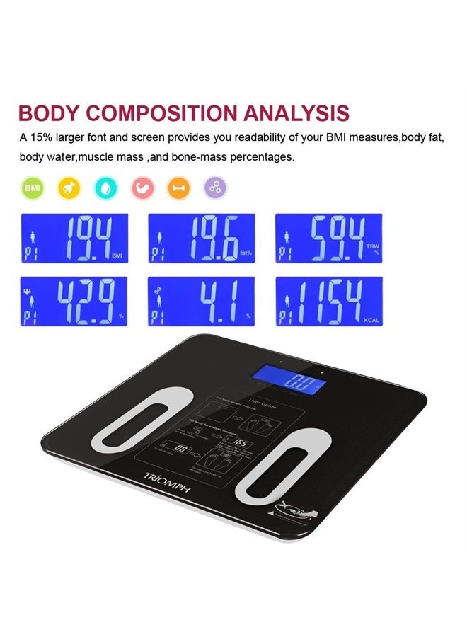 Triomph Precision Body Fat Scale with Backlit LCD Digital Bathroom Scale For Body Weight, Body Fat,Water,Muscle,BMI,Bone Mass and Calorie,10 User Recognition 400 lbs Capacity,Fat Loss Monitor,Black - Image 4
