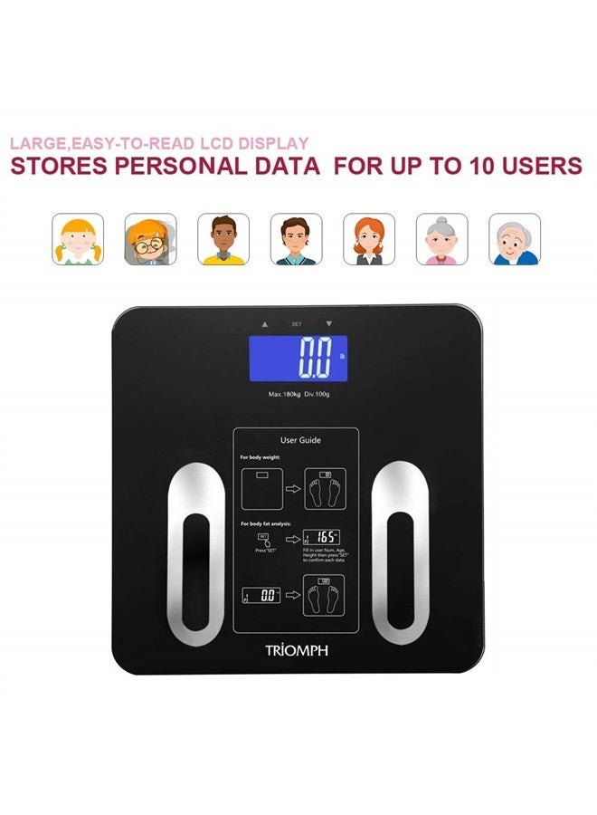 Triomph Precision Body Fat Scale with Backlit LCD Digital Bathroom Scale For Body Weight, Body Fat,Water,Muscle,BMI,Bone Mass and Calorie,10 User Recognition 400 lbs Capacity,Fat Loss Monitor,Black - Image 5