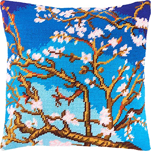 Brvsk Floral Needlepoint Kit for Adults and Beginners — Almond Blossom by Vincent Van Gogh 16″ × 16″ with Clear, Precise Printed Design on Cotton Canvas; Includes 2 Needles, Yarn, and Easy-Read Chart - Image 1
