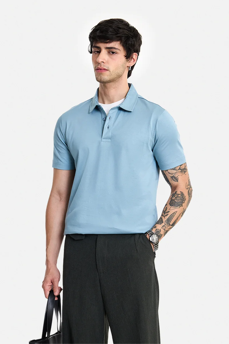 SNITCH Sky Blue Solid Half Sleeve Slim Fit Casual T-Shirt