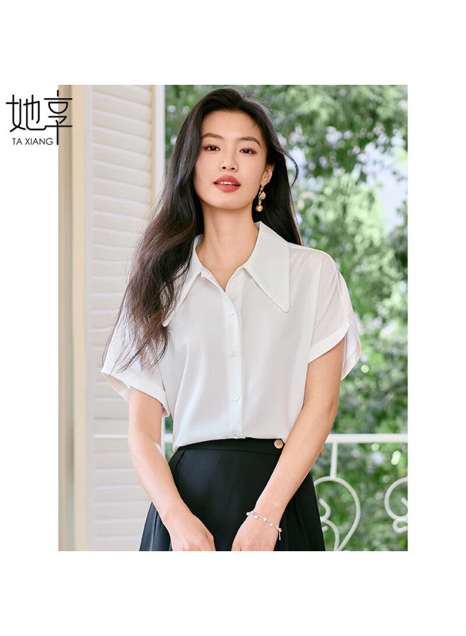 Sheen Short Sleeve Shirt Women Vintage Design Minimalist Shirt Commuter Versatile Chiffon Blouse Top T143t1399