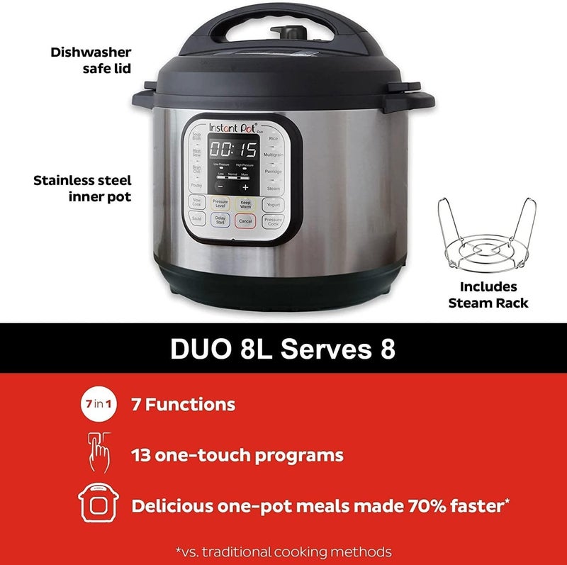 Instant Pot Duo 8, 1200W 7-in-1 Smart Multi Cooker, 8L Electric Pressure Cooker, Slow Cooker, Rice Cooker, Sauté Pan, Yoghurt Maker, Steamer, Food Warmer, 2 Years Manufacturer's Warranty - Image 3