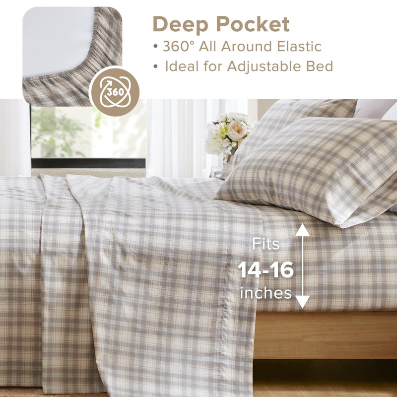 Comfort Spaces 100% Cotton Sheets Queen, Breathable, Naturally Cool Cotton Sheets, Soft Cotton Bed Sheets with 14" Elastic Pocket Fits up to 16" Mattress, All Seasons Sheet Set, Wesley Taupe 4 Piece - Image 5