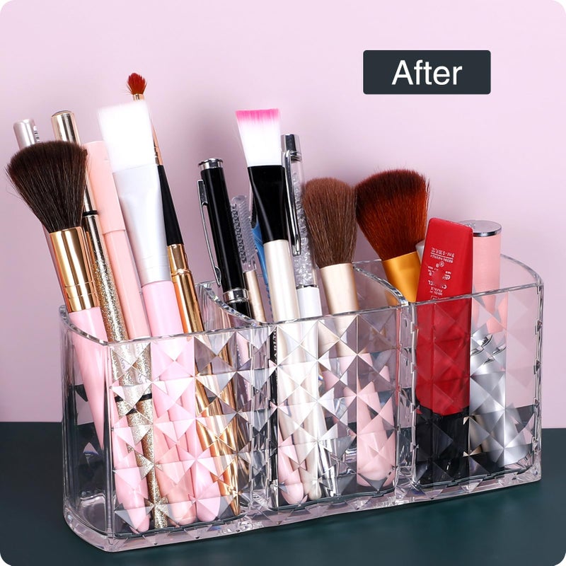 MOSIKER Makeup Brush Holder for Vanity,Acrylic Clear Small Compact Nail Hair Lip Liner Brush Pen Organizer with 3 Slots - Image 5