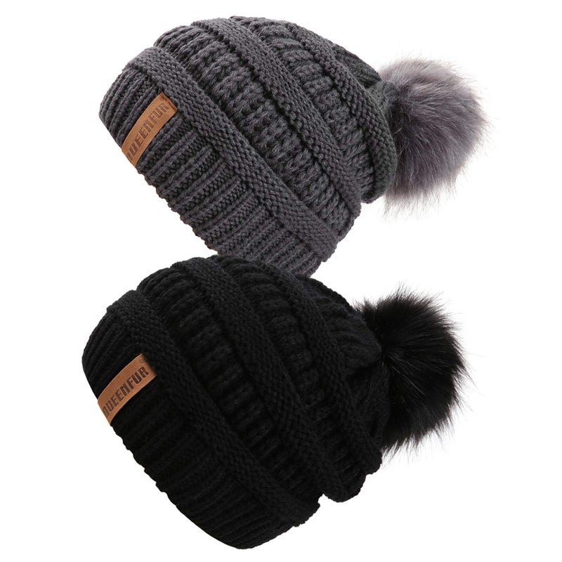QUEENFUR Women Knit Slouchy Beanie Chunky Baggy Hat with Faux Fur Pompom Winter Soft Warm Ski Cap - Image 1