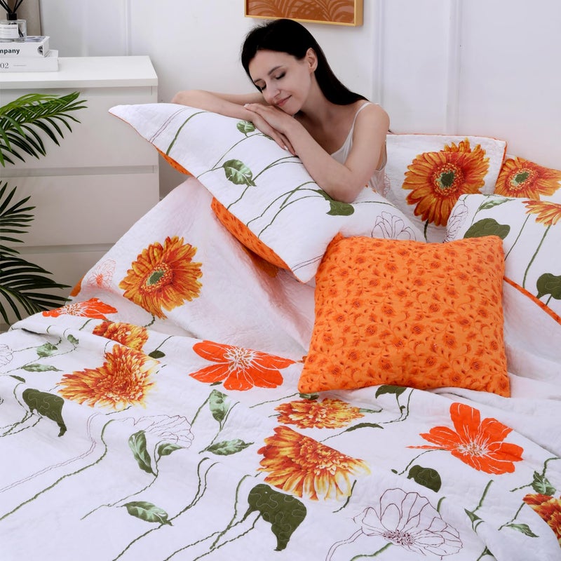 EVENHUG 100% Cotton Quilt Queen Size Orange Sunflower Bedding Set Floral Lightweight Full Quilt Reversible Coverlet Bedspread with 2 Pillow Shams All Seasons 3 Pieces (92"x96") - Image 3