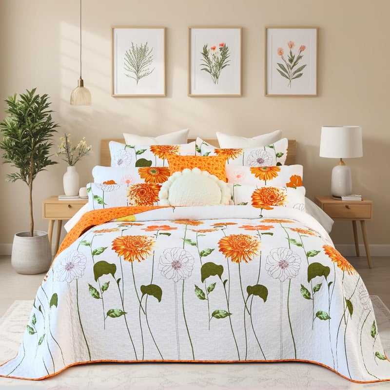 EVENHUG 100% Cotton Quilt Queen Size Orange Sunflower Bedding Set Floral Lightweight Full Quilt Reversible Coverlet Bedspread with 2 Pillow Shams All Seasons 3 Pieces (92"x96") - Image 4