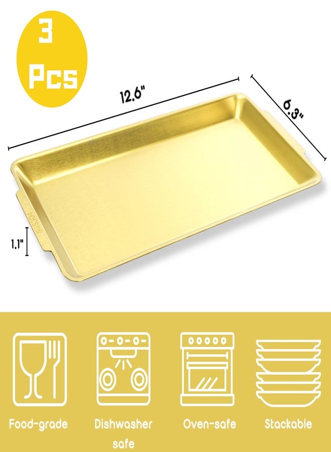 ZENFUN 3 Pack 304 Stainless Steel Serving Platters, 12.6" Rectangle Metal Dinner Plates with Handles, Decorative Organizer Trays for BBQ, Dining, Party, Buffet, Appetizer Serving(Gold) - Image 2