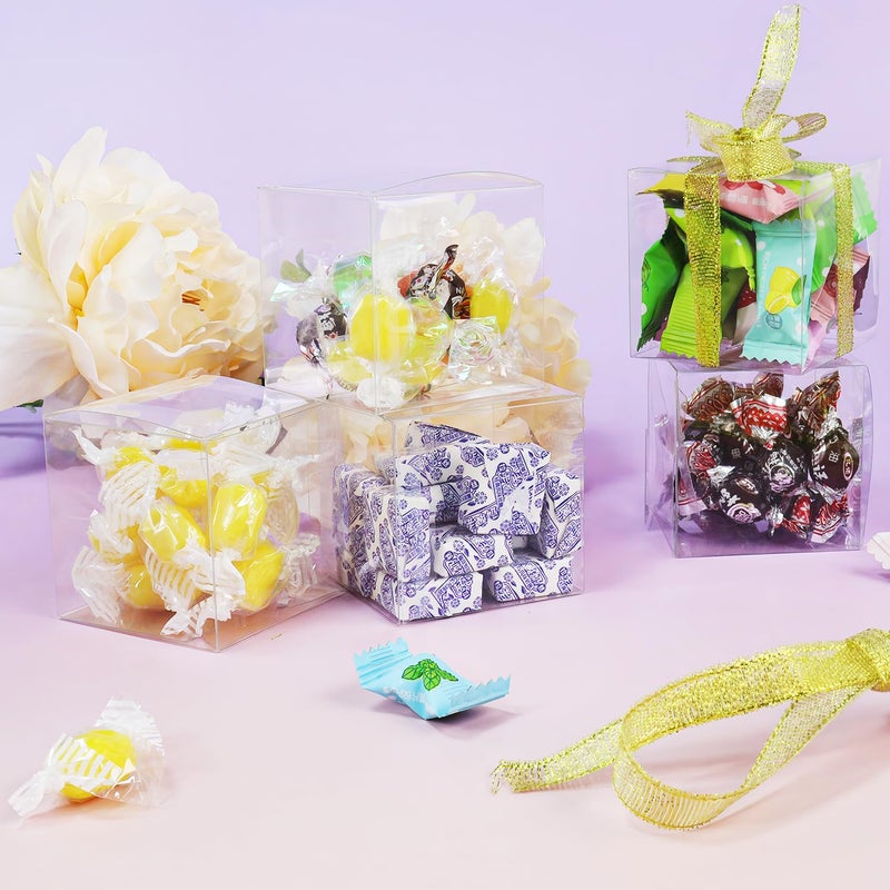 Quadafy 50 Pack Clear Candy Boxes, 2x2x2 Inches Favor Boxes, Transparent Plastic Gift Box With Ribbon, Clear Favor Boxes for Treats, Party Favors - Image 4