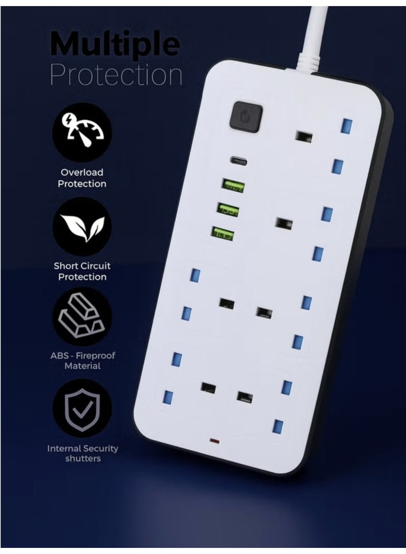 PowerMax 2 Pieces Power Socket Extension Plug – 2500W Power Strip Extension with 6 AC Outlets + 3 USB + 1 PD Type-C | 3.4A Auto-ID Charging | Anti-Static Protection | 5M Extension Cord – White | Includes Anti-Static Protection & 5000mm Heavy-Duty Cord for Safe, Efficient Charging - Image 2