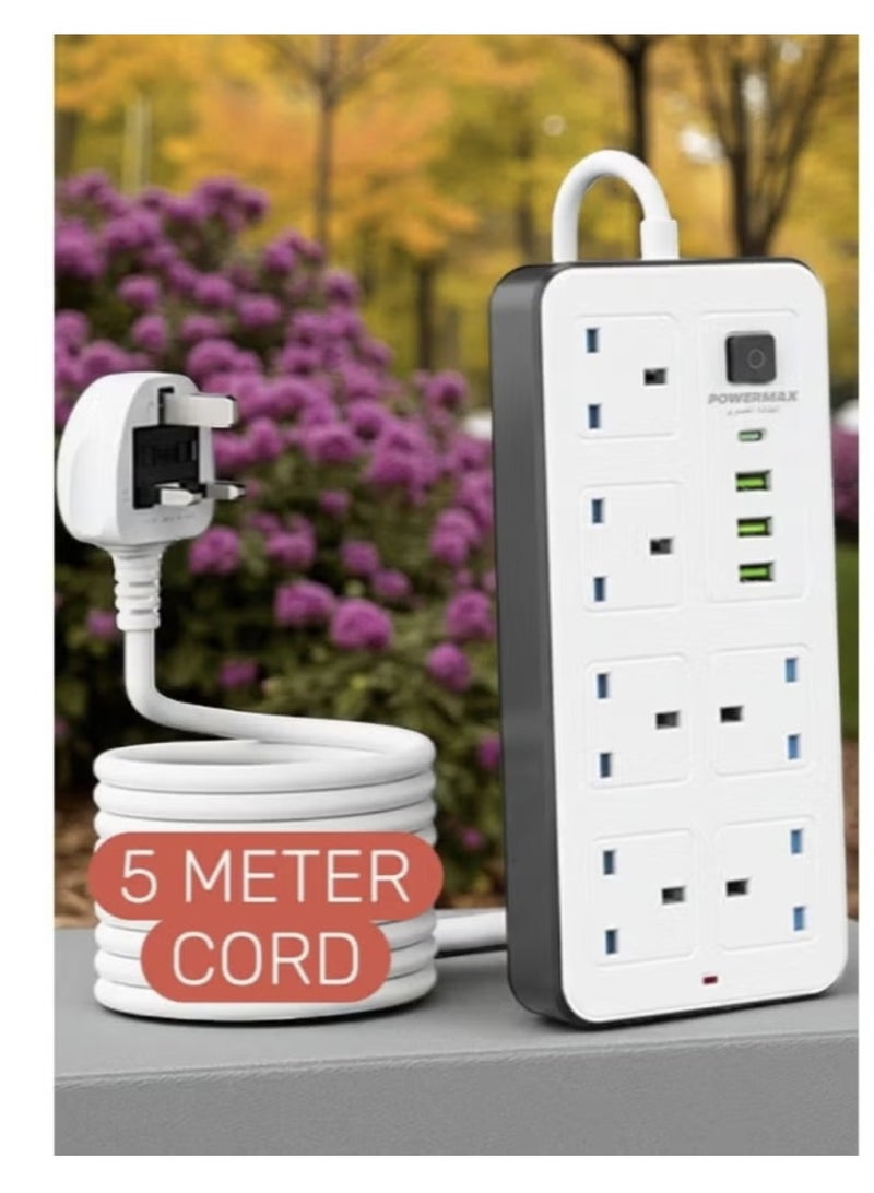 PowerMax 2 Pieces Power Socket Extension Plug – 2500W Power Strip Extension with 6 AC Outlets + 3 USB + 1 PD Type-C | 3.4A Auto-ID Charging | Anti-Static Protection | 5M Extension Cord – White | Includes Anti-Static Protection & 5000mm Heavy-Duty Cord for Safe, Efficient Charging - Image 5
