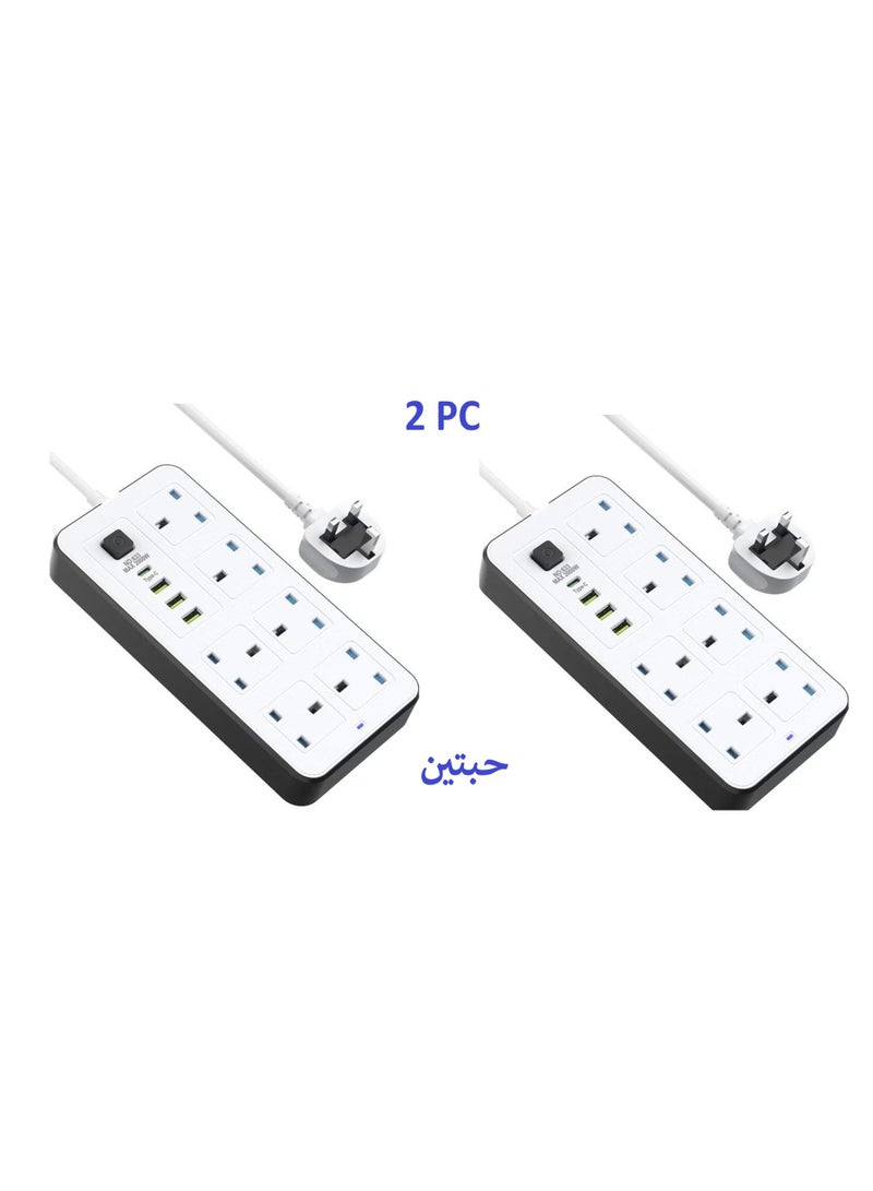 PowerMax 2 Pieces Power Socket Extension Plug – 2500W Power Strip Extension with 6 AC Outlets + 3 USB + 1 PD Type-C | 3.4A Auto-ID Charging | Anti-Static Protection | 5M Extension Cord – White | Includes Anti-Static Protection & 5000mm Heavy-Duty Cord for Safe, Efficient Charging - Image 1