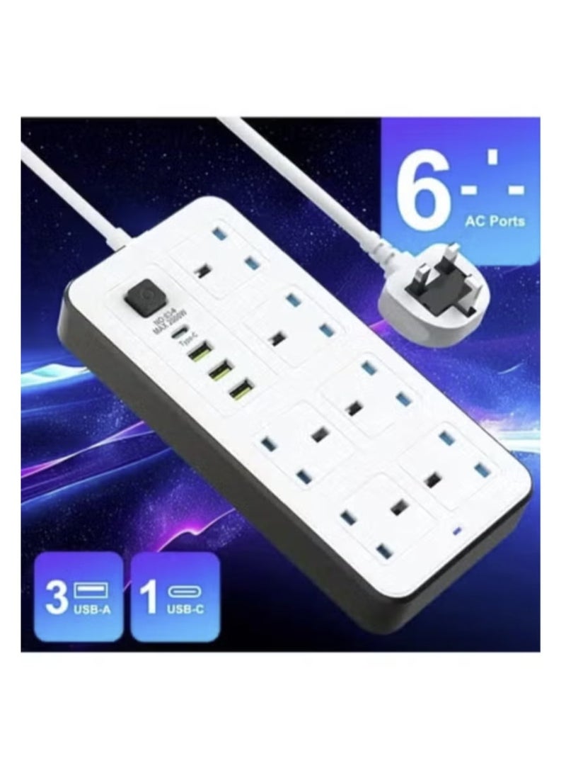 PowerMax 2 Pieces Power Socket Extension Plug – 2500W Power Strip Extension with 6 AC Outlets + 3 USB + 1 PD Type-C | 3.4A Auto-ID Charging | Anti-Static Protection | 5M Extension Cord – White | Includes Anti-Static Protection & 5000mm Heavy-Duty Cord for Safe, Efficient Charging - Image 3