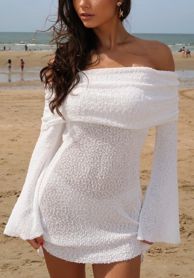 Unybwonn Women Strapless Bodycon Short Dress Light See Through Crochet Mesh Sweater Dress Vacation Party Elegant Dresses White - Image 3