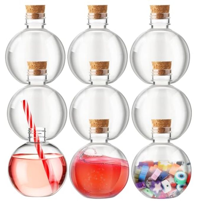 Jinei 9 Sets 8 oz Spherical Plastic Potion Bottles Clear Cocktail Ornament Cups with Funnels Ball Shape Sand Bottles for Christmas DIY Wedding Party Gift Crafts Decoration(Wooden,Topper)