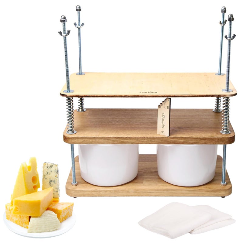 PetriStor Wooden Cheese Press For Cheese Making 16 In Natural Oak 18 mm Thick Cheese Making Kit With Wooden Cheese Press and 2 Cheese Molds 12 Gal Cheesecloth Springs and Measuring Scale Included