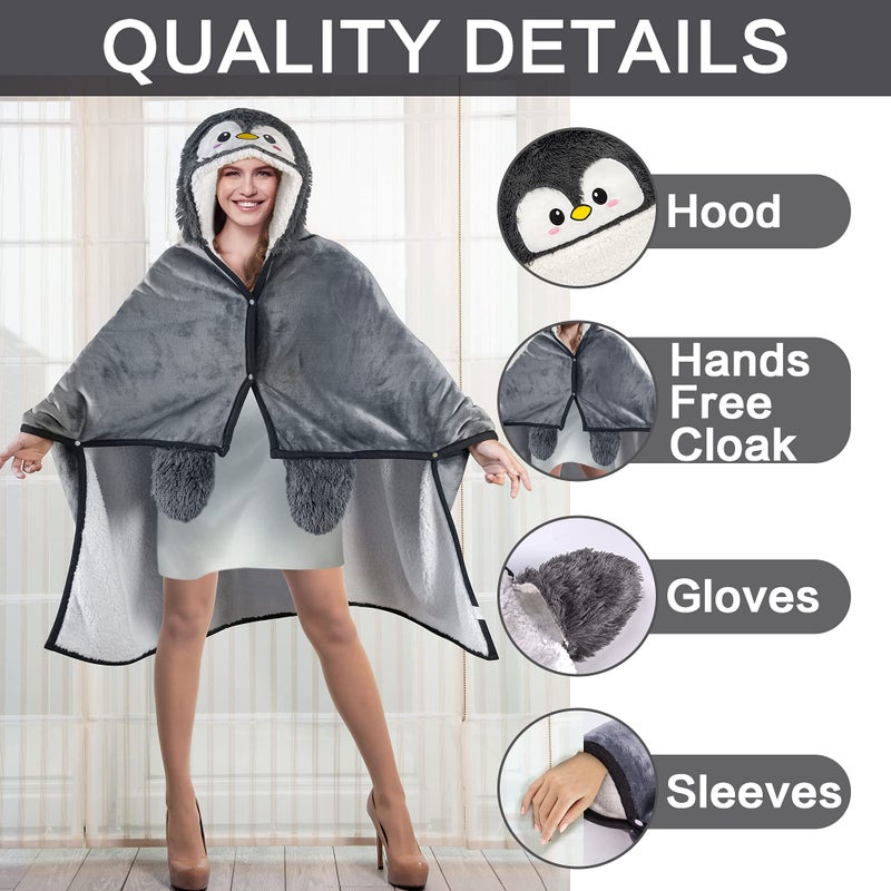Happy Fuel Penguin Wearable Hooded Blanket for Adults â€“ Fuzzy Super Soft Warm Cozy Plush Flannel Fleece & Sherpa Hoodie Throw Cloak Wrap - Penguin Gifts for Women Adults Girls and Kids - Image 3