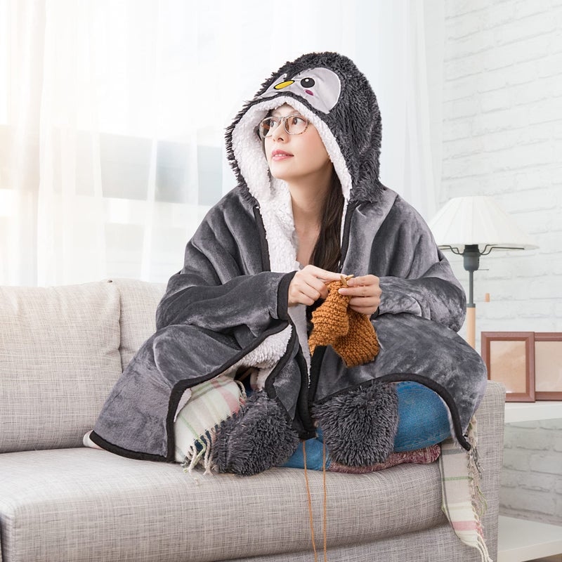 Happy Fuel Penguin Wearable Hooded Blanket for Adults â€“ Fuzzy Super Soft Warm Cozy Plush Flannel Fleece & Sherpa Hoodie Throw Cloak Wrap - Penguin Gifts for Women Adults Girls and Kids - Image 5