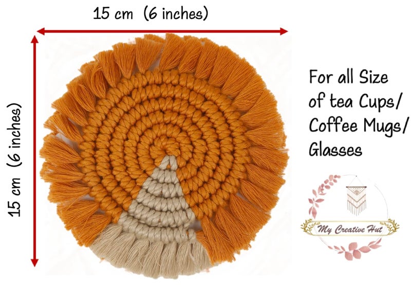 My Creative Hut Macrame Set of 4 Round Coasters Bohemian Style, Handmade, More Absorbent, Traditional, Diwali Gifting, Multipurpose, Big Size (Mustard Beige, Set of 4) - Image 2