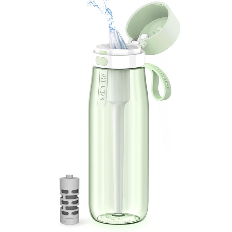 PHILIPS Filtered Water Bottle, BPA-Free Tritan Plastic Water Bottles, Replaces 450 Plastic Water Bottle with Reusable GoZero Everyday Water Filter, Portable Filtering Bottle for Travel, 22 oz, Green - Image 1