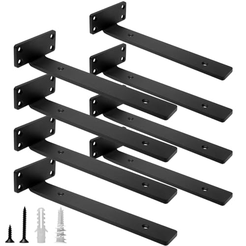 HITOMEN Heavy Duty Floating Shelf Brackets, 10-Inch (1/5'' Thick) Hidden Shelves Hardware, Iron L Brackets, Rustic Industrial Black Metal Wall Shelving Supports, 8 Pack - Image 1
