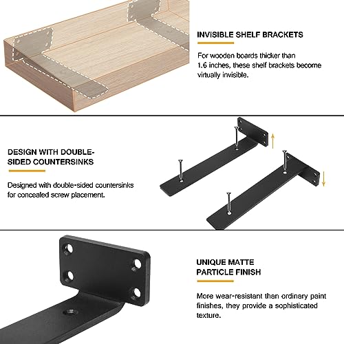 HITOMEN Heavy Duty Floating Shelf Brackets, 10-Inch (1/5'' Thick) Hidden Shelves Hardware, Iron L Brackets, Rustic Industrial Black Metal Wall Shelving Supports, 8 Pack - Image 4