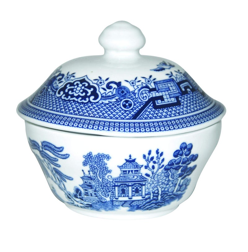 Churchill's Churchill Blue Willow Fine China Earthenware Covered Sugar Bowl 55 Made In England 