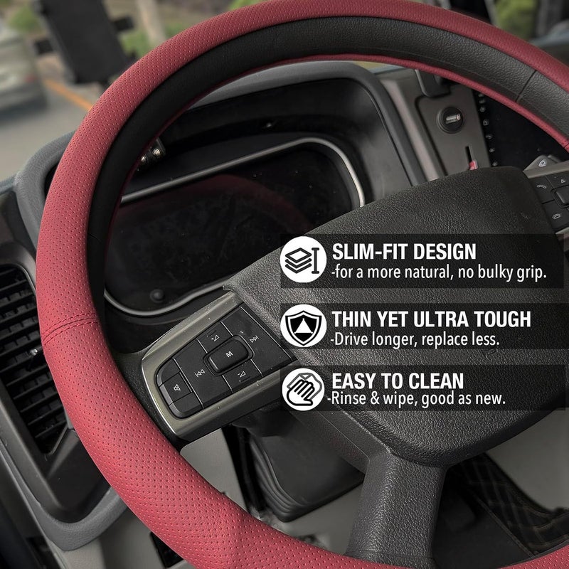 PINCTROT XL 17.5-18in Nappa Leather Supported Grip Steering Wheel Cover for Semi Truck, Fits RV, Big Rig Trucker, 18 Wheeler and Classic Cars, Anti-Slip Perforated Design 17.5-18 Inch (Burgundy Red) - Image 3