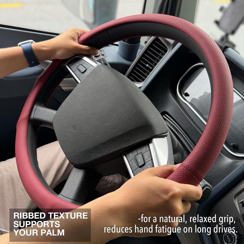 PINCTROT XL 17.5-18in Nappa Leather Supported Grip Steering Wheel Cover for Semi Truck, Fits RV, Big Rig Trucker, 18 Wheeler and Classic Cars, Anti-Slip Perforated Design 17.5-18 Inch (Burgundy Red) - Image 2
