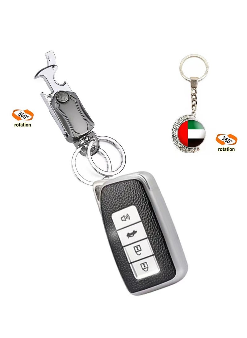 OUYoo OUYoo For Lexus Key Fob Cover with,Metal fidget spinner key chain, UAE flag key chain, Upgraded TPU Surface Grain Case for GS ES IS IS-F RC RC-F NX LC LS LX570 RX350/450h (4 buttons) (Silver)  - Image 1