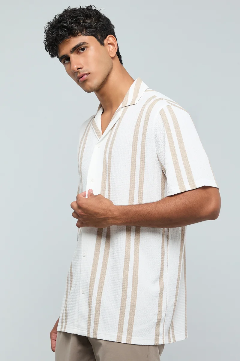 R&b Striped Shirt with Reverse Collar and Short Sleeves