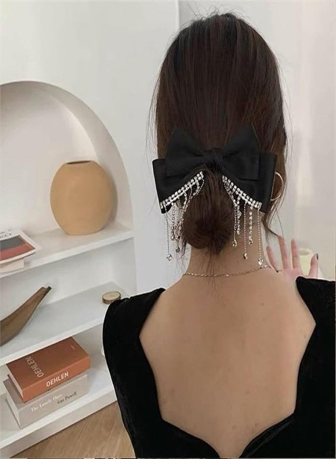 فاميزا مشبك شعر فاخر من فاميزا، قطعة واحدة، أسود اللون، مزين بفيونكة كبيرة مرصعة بأحجار الراين، وشريط قماشي مع شرابة، إكسسوارات شعر للنساء والفتيات - Image 5