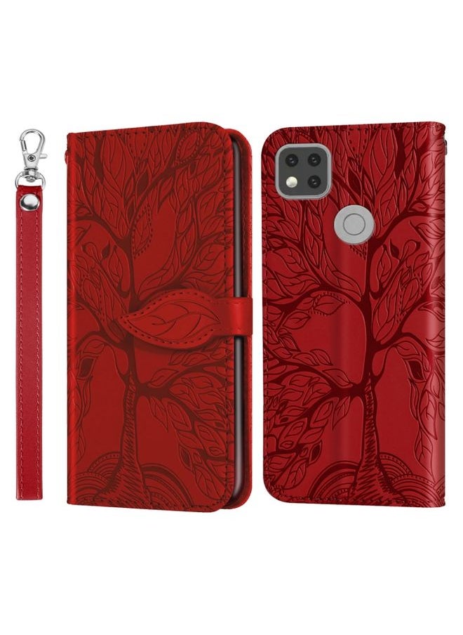 HuHa Case Cover For Xiaomi Redmi 9C Life of Tree Embossing Pattern Horizontal Flip Leather Case with Holder & Card Slot & Wallet & Photo Frame & Lanyard Red 
