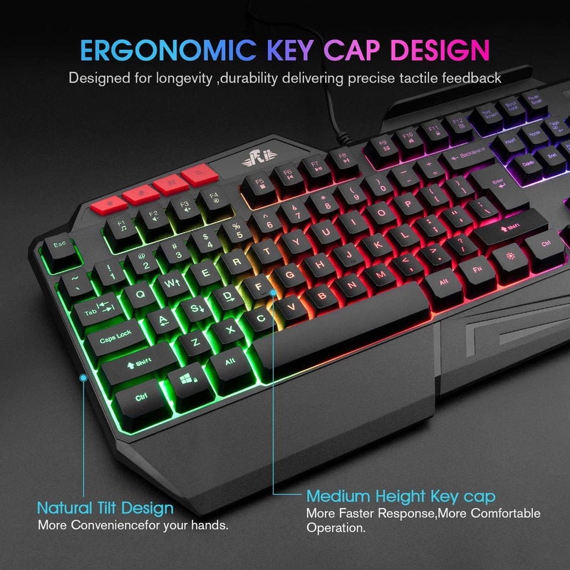Rii RK202 RGB Gaming Keyboard Multiple Color Rainbow LED Backlit USB Wired Gaming Keyboard with Wrist Rest for Windows & Mac PC Gamers (Black) - Image 1