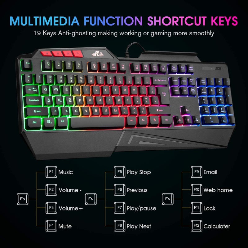 Rii RK202 RGB Gaming Keyboard Multiple Color Rainbow LED Backlit USB Wired Gaming Keyboard with Wrist Rest for Windows & Mac PC Gamers (Black) - Image 3