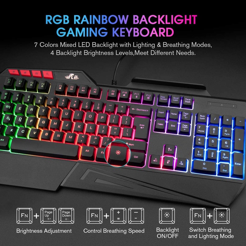 Rii RK202 RGB Gaming Keyboard Multiple Color Rainbow LED Backlit USB Wired Gaming Keyboard with Wrist Rest for Windows & Mac PC Gamers (Black) - Image 2