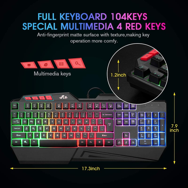 Rii RK202 RGB Gaming Keyboard Multiple Color Rainbow LED Backlit USB Wired Gaming Keyboard with Wrist Rest for Windows & Mac PC Gamers (Black) - Image 4