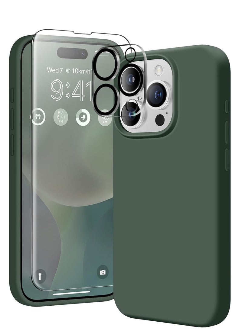 Generic Case Compatible with iPhone 15 Pro, with 3X Screen Protector + 3X Camera Lens Protector, Liquid Silicone Shockproof Anti-Scratch Protective Microfiber Lining Phone Case (Dark Green)  - Image 1