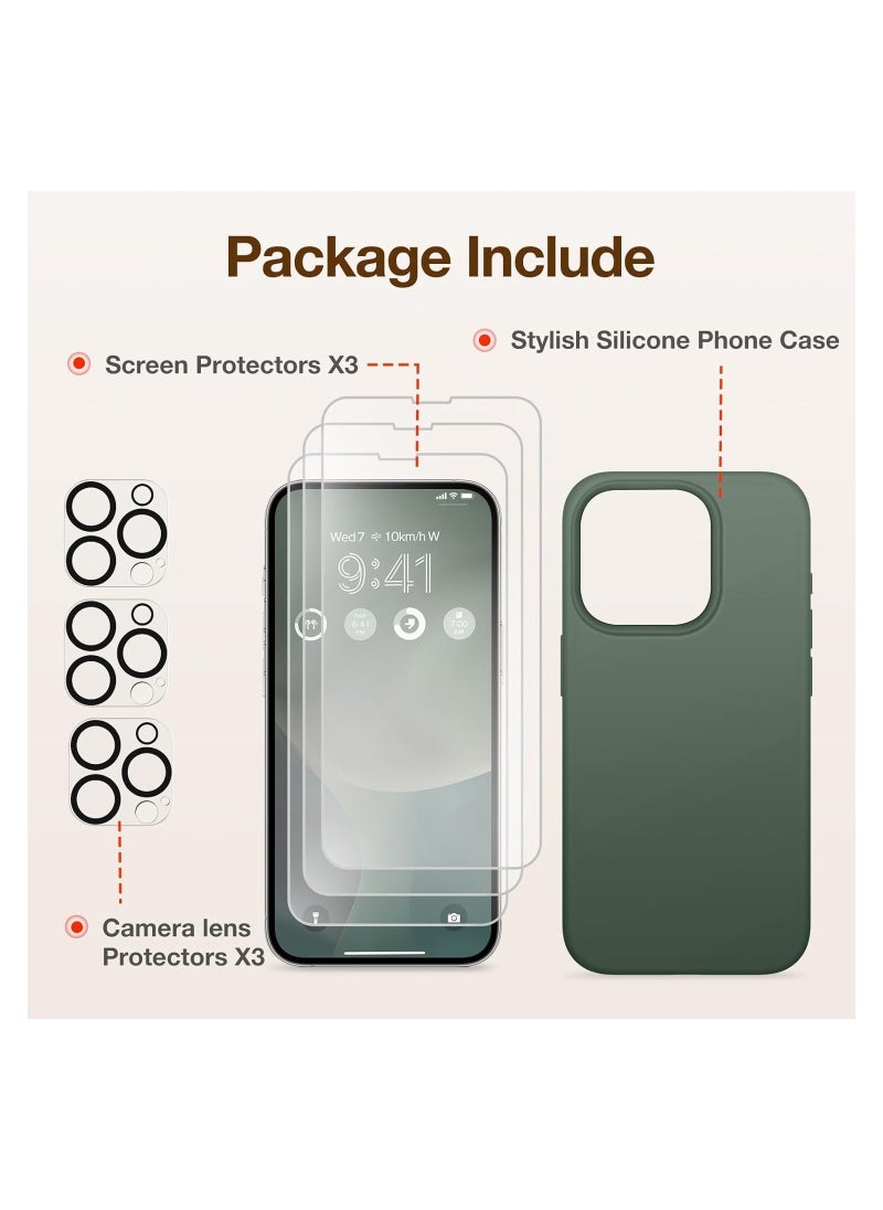 Generic Case Compatible with iPhone 15 Pro, with 3X Screen Protector + 3X Camera Lens Protector, Liquid Silicone Shockproof Anti-Scratch Protective Microfiber Lining Phone Case (Dark Green)  - Image 5