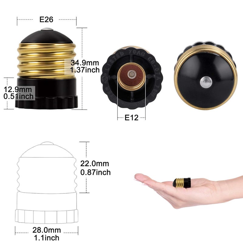 DiCUNO UL Listed E26 to E12 Socket Adapter Black, Standard (Medium) E26 Base to Candelabra E12 Base Light Socket Converter, Bulb Adapter, 4 Pack - Image 3