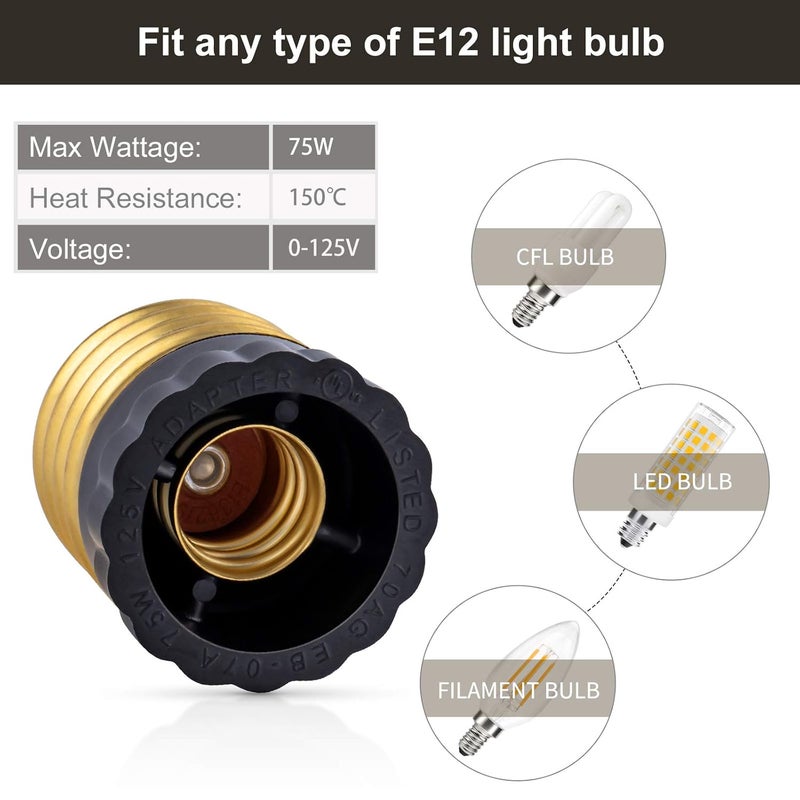 DiCUNO UL Listed E26 to E12 Socket Adapter Black, Standard (Medium) E26 Base to Candelabra E12 Base Light Socket Converter, Bulb Adapter, 4 Pack - Image 4