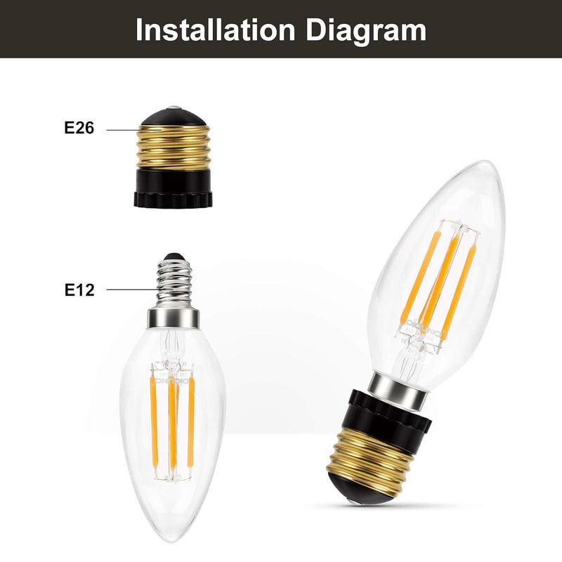 DiCUNO UL Listed E26 to E12 Socket Adapter Black, Standard (Medium) E26 Base to Candelabra E12 Base Light Socket Converter, Bulb Adapter, 4 Pack - Image 5