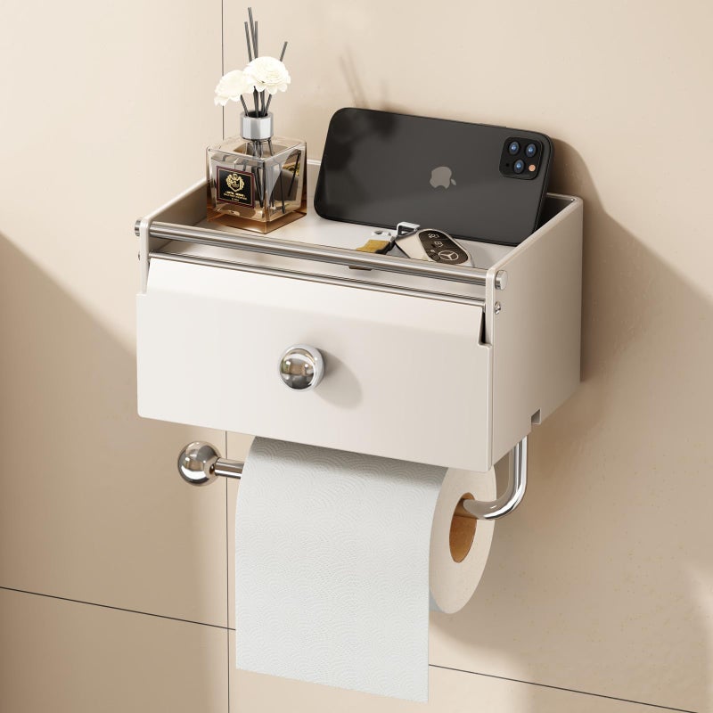 Voldra Toilet Paper Holder with Shelf, Flushable Wipes Dispenser for Bathroom, Adhesive Toilet Paper Roll Holder with Storage Wall Mount Stick On Bathroom Tissue Holder Front Flip Design (Matte White) - Image 1