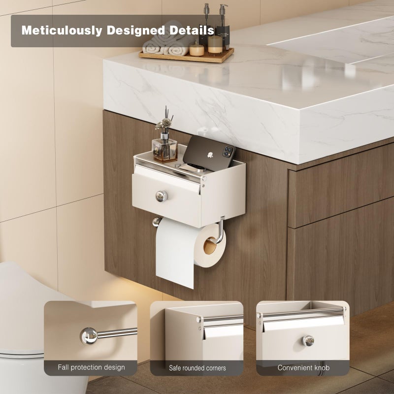 Voldra Toilet Paper Holder with Shelf, Flushable Wipes Dispenser for Bathroom, Adhesive Toilet Paper Roll Holder with Storage Wall Mount Stick On Bathroom Tissue Holder Front Flip Design (Matte White) - Image 2