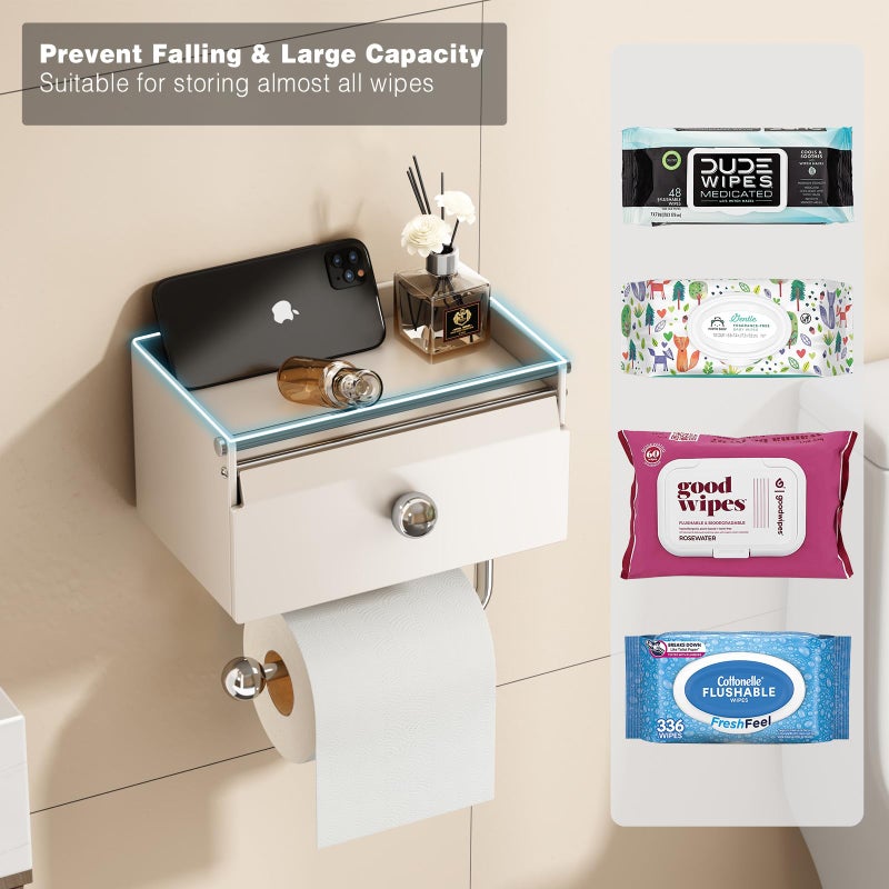 Voldra Toilet Paper Holder with Shelf, Flushable Wipes Dispenser for Bathroom, Adhesive Toilet Paper Roll Holder with Storage Wall Mount Stick On Bathroom Tissue Holder Front Flip Design (Matte White) - Image 4