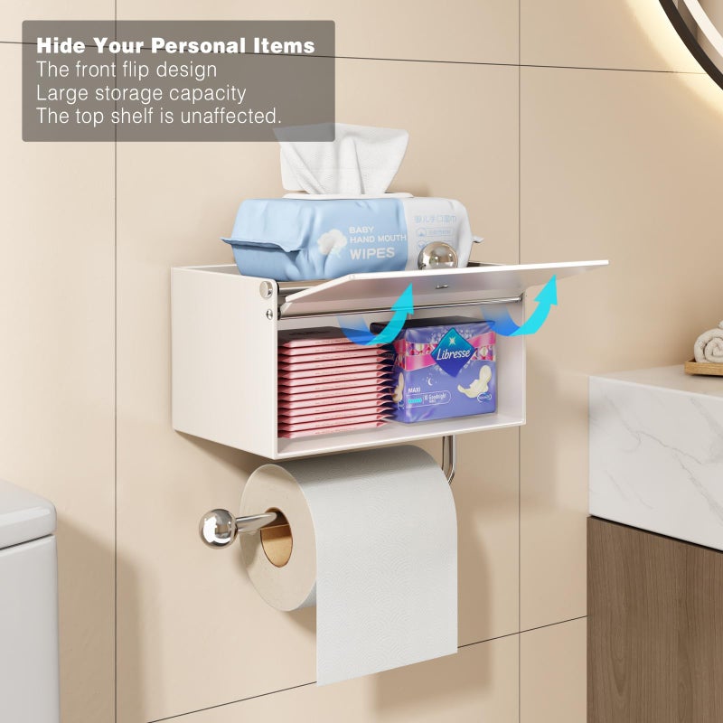 Voldra Toilet Paper Holder with Shelf, Flushable Wipes Dispenser for Bathroom, Adhesive Toilet Paper Roll Holder with Storage Wall Mount Stick On Bathroom Tissue Holder Front Flip Design (Matte White) - Image 3