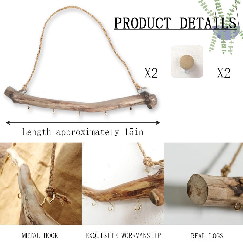Qenk 2Pcs 15 Inch Natural Driftwood Decorative Branches Farmhouse Home Wall Hanging Decor Hanging Jewelry Organizers with 5 Hooks - Image 2
