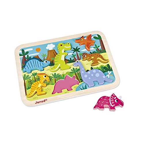 Janod  Dinosaur Chunky Puzzle 7 Pieces  Toddler Playtime  Enhances Motor Skills  Durable Wooden Design  Stimulates Imagination Vibrant Colors Educational French Design  J07054 - Image 1